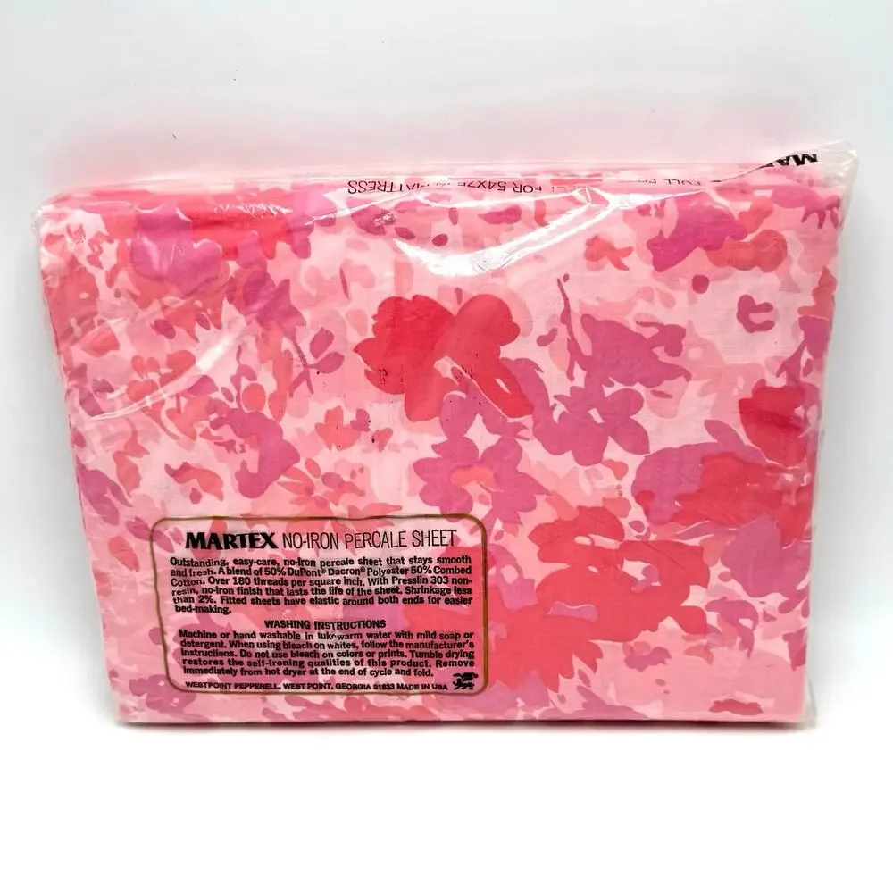 Vintage Martex Pink Floral Full Fitted Bottom Sheet No Iron Percale Made in USA